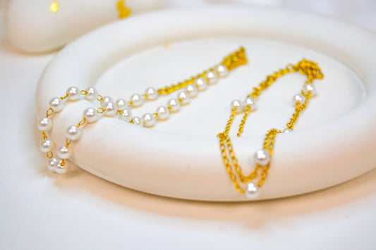 Gold and Pearl Bracelet - Double Layer Spaced Pearl Chain